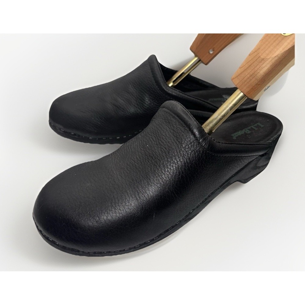 LL Bean Womens Black Leather Clogs Mules Slip On Shoes Sz 9 Comfort Granola Girl